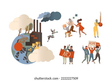 People protesting against air pollution and climate change set. Activists with placards manifesting at factory with steaming pipes, emitting CO2 vector illustration