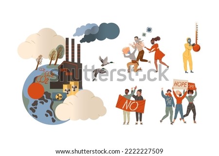 People protesting against air pollution and climate change set. Activists with placards manifesting at factory with steaming pipes, emitting CO2 vector illustration
