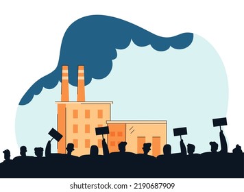 People protesting against factories flat vector illustration. Eco activists trying to stop air pollution. Ecology, protection, demonstration concept for banner, website design or landing web page