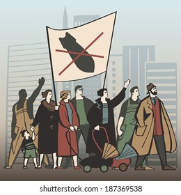 People protesting against nuclear war and staging a demonstration vector illustration