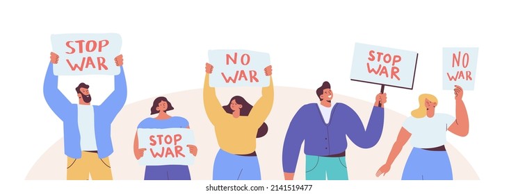 People are Protesting Against War. No War. International Peace Day. No war in Ukraine. Flat Vector Illustration.