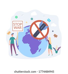 People are protesting against the war. The protest against the aggression of states. No annexation of territories. Colorful vector illustration.