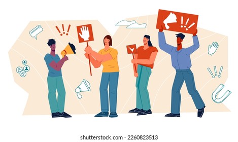 People protesting and agitating, flat vector illustration isolated on white background. Group of people with banners or placards taking part in protest march or political rally.