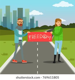 People protesting with banner demanding for political freedom flat vector illustration