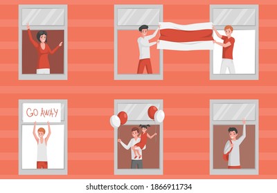 People protesting in Belarus vector flat illustration. Smiling people in red and white clothes standing near windows and holding national Belorussia flag, red and white balloons and placards.