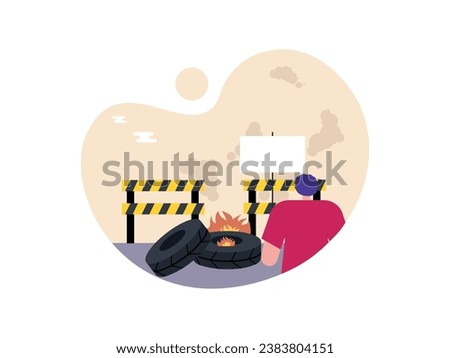 People protesting by burning tires at roadblocks, demonstrating the danger of the conflict. Character design. Vector flat illustration