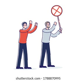 People protesting. Cartoon characters of protesters on demonstration angry holding posters and fists up. Picket or political conflict activity concept. Linear vector illustration