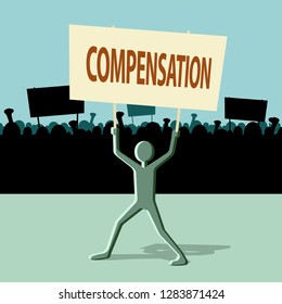 people protesting, compensation banner 