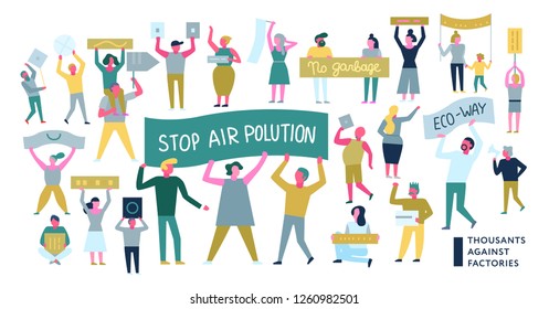 People protesting with demands on placards during ecological action isolated on white background flat vector illustration