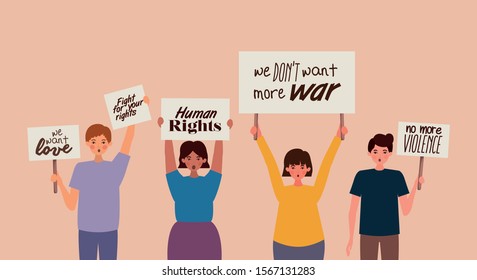 People protesting design, Human rights peace freedom international help social law and equality theme Vector illustration