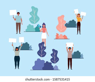 People protesting design, Human rights peace freedom international help social law and equality theme Vector illustration