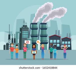 people protesting environmental pollution scene vector illustration design