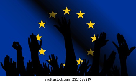 gente protestando con la bandera de Europa como fondo, manos levantadas