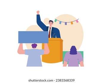 People protesting in front with politicians on the podium, government demonstration. Character design. Vector flat illustration