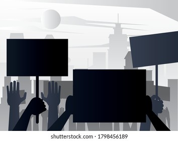 people protesting lifting banners silhouettes on the city vector illustration design