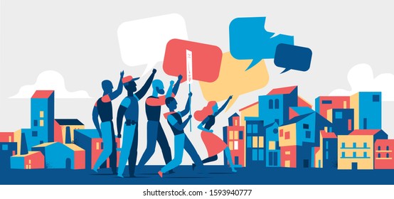 People protesting on demostration or picket in the city streets. Youth crowd against violence, pollution, discrimination, human rights violation. Empty speech bubbles - Vector illustration