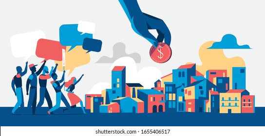 People protesting on demostration or picket in the city streets. Youth crowd against corporate greed, corruption, discrimination, human rights violation. Empty speech bubbles - Vector illustration