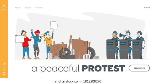People Protesting with Placards on Barricades, Strike or Demonstration Landing Page Template. Characters with Banners Protest Against Political Situation, Police at Rally. Linear Vector Illustration