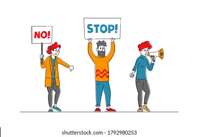 People Protesting with Placards on Rally, Strike or Demonstration, Characters with Banners and Signs Protest Against Presidential Election, War or Candidate Voting. Linear People Vector Illustration
