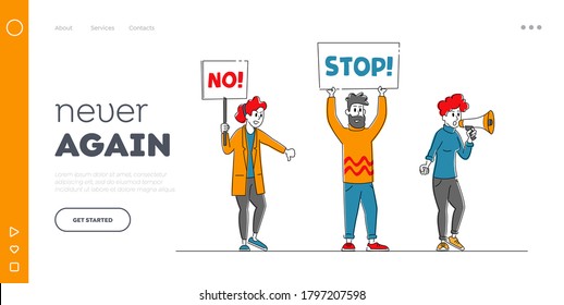 People Protesting with Placards on Rally, Strike or Demonstration Landing Page Template. Characters with Banners Protest Against Election, War or Candidate Voting. Linear Vector Illustration