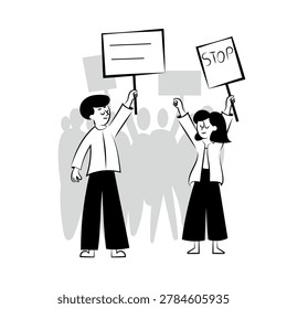 People Protesting with Signs: Outline Illustration of Activism