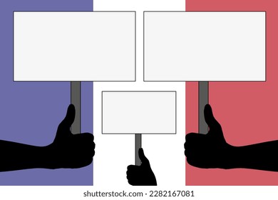 People are protesting with signs. Protest in france concept.