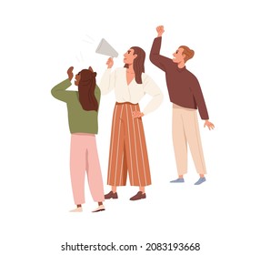 Gente protestando en huelga, haciendo declaraciones con altavoces. Activistas con megáfono en disturbios. Manifestantes en una manifestación. Concepto de activismo. Ilustración vectorial plana aislada en fondo blanco