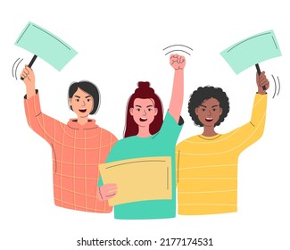 People protesting at strike, making statements with loudspeaker. Activists with placards at riot. Protesters at demonstration. Activism concept. Flat vector illustration isolated on white background
