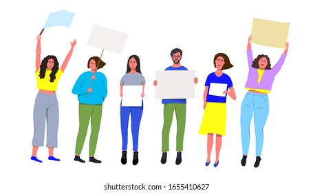  People protest.People crowd holding blank banners, manifesting activists demonstrating empty signs.Vector illustration.