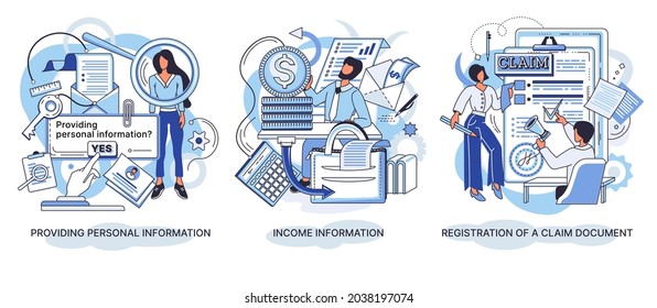 People provide and update personal information, registration claim documents, metaphors set. Tax filing, report your income information. Tax credits and expenses, financial report. Creative metaphor