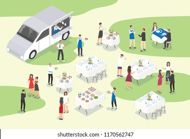 People providing catering at formal event or occasion. Group of food service workers setting tables, working at bar, carrying meals and serving guests. Modern colorful isometric vector illustration.