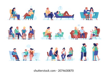 People at psychologist. Psychological consultations, moral support, assistance, depressed people with problems, couples, children and parents therapy, psychotherapy vector cartoon flat isolated set