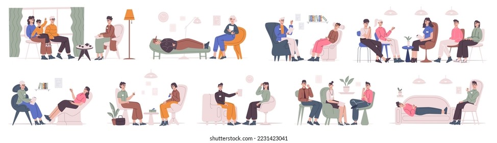 People at psychotherapist. Person sitting on chair psychologist, group therapy mental couch, support depressed girl, psychological counselling, recent vector illustration of psychotherapist meeting
