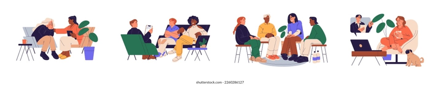 People at psychotherapy, psychology sessions set. Psychotherapists, psychologists work with mental health of clients, patients. Flat graphic vector illustrations isolated on white background