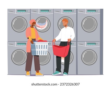 People in Public Launderette Fold Clothes, Share Stories, And Exchange Smiles, Creating A Vibrant Tapestry Of Community And Domesticity Amidst The Hum Of Washing Machines. Cartoon Vector Illustration