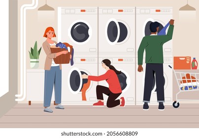 People at public launderette. Men and women clean clothes in washing machine and dryer. Convenient laundry room with automatic devices. Cartoon flat vector illustration isolated on light background