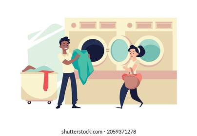 People in public laundry - flat vector illustration isolated on white background. Man takes clothes out or loads it in washing machine, woman carries basket with clean washes.