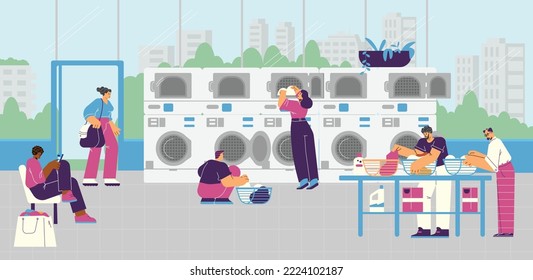 People in public laundry room washing clothes, flat vector illustration. Laundrette interior with washing machine, dryer and baskets. Diverse characters loading dirty clothes in laundromat.