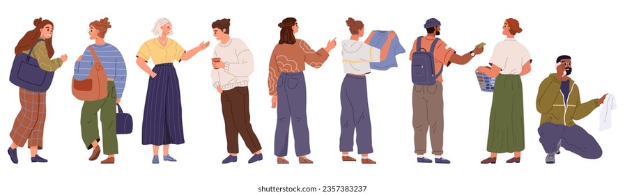 People in public laundry room washing clothes, flat vector illustration. Set of diverse characters loading dirty clothes in laundromat, holding basket of dirty laundry, talking in waiting room