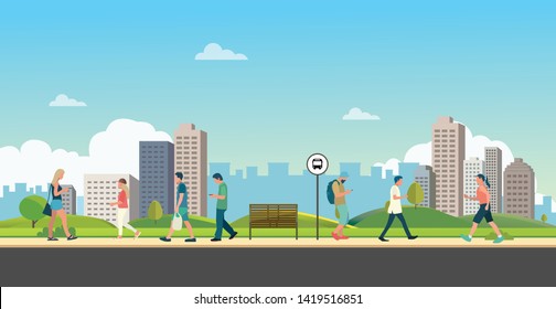 People with public park in city.Beautiful scene park and man walking.People leisure activities in park.Lifestyle relaxed in town vector illustration