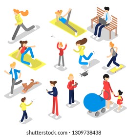 People in the public park doing different activity. Walking a dog, doing sport and resting. Summer activity. Vector isometric illustration