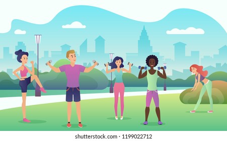 People in the public park doing fitness. Sports outdoor activities flat design vector illustration. Women doing yoga, stretching, fitness outside.