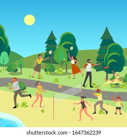 People in the public park. Having fun, doing sport and resting in the city park. Summer activity. Vector illustration in cartoon style
