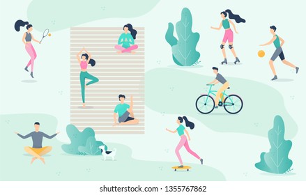 People in the public park. Walking a dog, doing sport and resting in the city park. Summer activity. Vector illustration in cartoon style