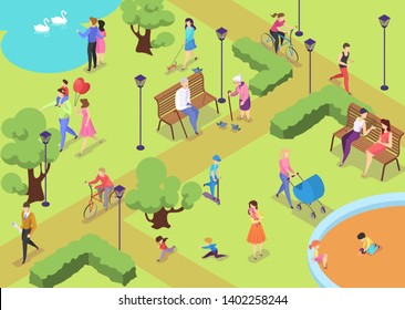 People in the public park. Walking a dog, doing sport and resting in the city park. Summer activity. Vector isometric illustration