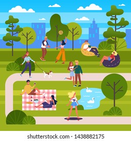 People in the public park. Walking a dog, doing sport and resting in the city park. Summer activity. Vector illustration in cartoon style