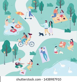 People in the public park. Walking a dog, doing sport and resting in the city park. Summer activity. Vector illustration in cartoon style