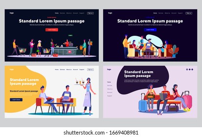 People in public place set. Customers in supermarket, cafes, tourists with luggage. Flat vector illustrations. Meeting, crowd, queue concept for banner, website design or landing web page