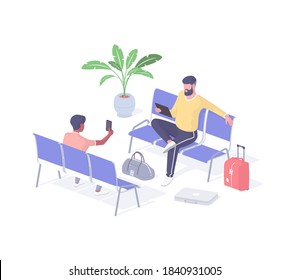 People in public place using wi fi isometric vector. Male characters with smartphone and tablet connect to web wirelessly. Modern hotspot with internet for everyone realistic illustration