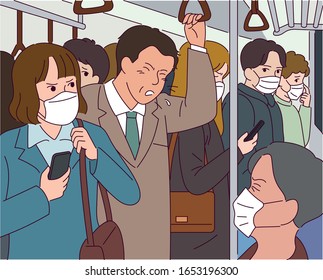 A lot of people in public places-a man is sneezing in the subway. People wearing masks. Public health illustration. hand drawn style vector design illustrations. 